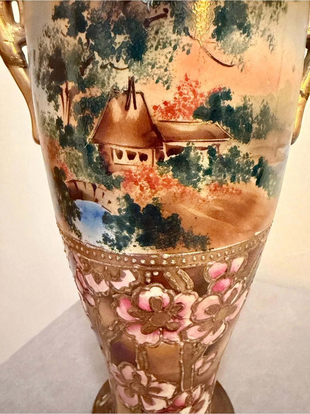 Japanese Nippon-Style Urn, Exquisite Moriage Florals & Landscape Antique 10 inch